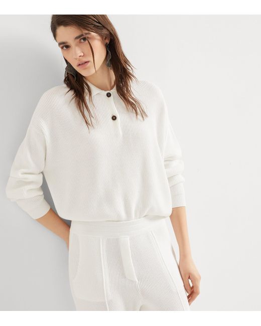 Brunello Cucinelli White English Rib-Knit Polo Sweater
