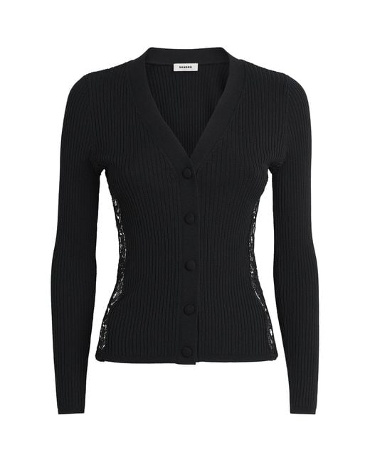 Sandro Black Ribbed Lace-Trim Cardigan