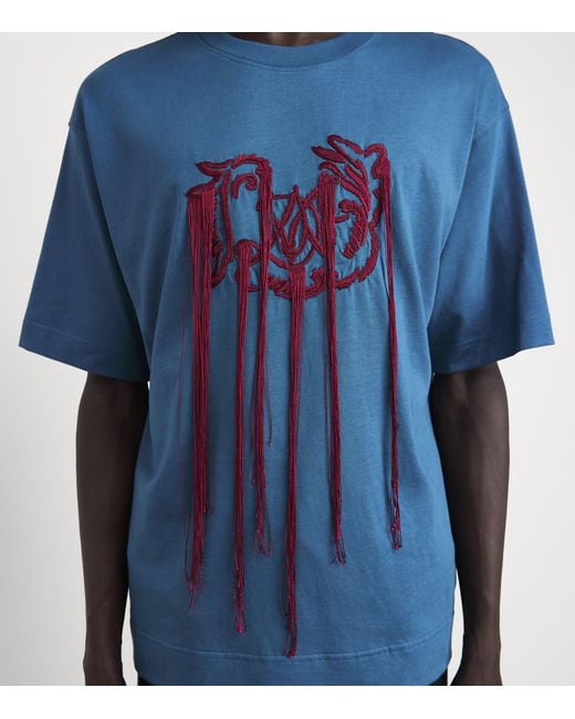 Dries Van Noten Blue Cotton Embroidered Bird T-Shirt for men