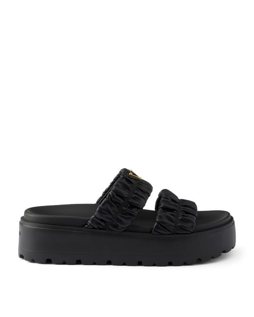 Prada Black Nappa Leather Flatform Slides 45