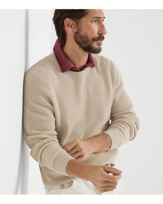 Brunello Cucinelli White Cashmere Ribbed Sweater for men