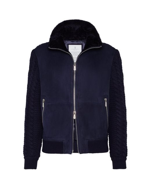 Brunello Cucinelli Blue Suede Knit Insert Bomber Jacket for men