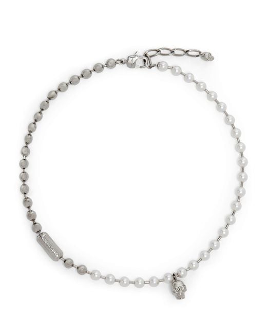 McQueen Metallic Faux Pearl And Skull Necklace for men