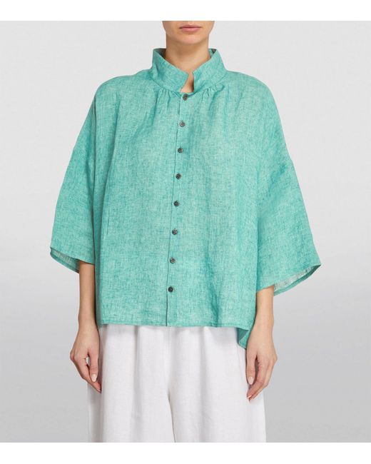 Eskandar Green Linen Cropped-sleeve Shirt