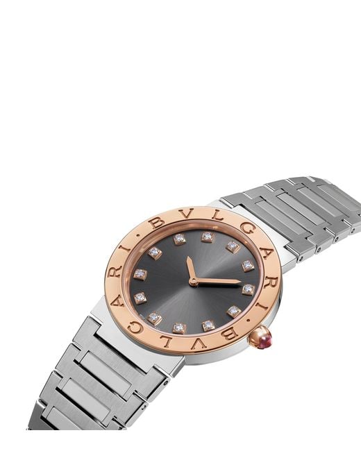 BVLGARI Gray Stainless Steel, Rose And Diamond Watch