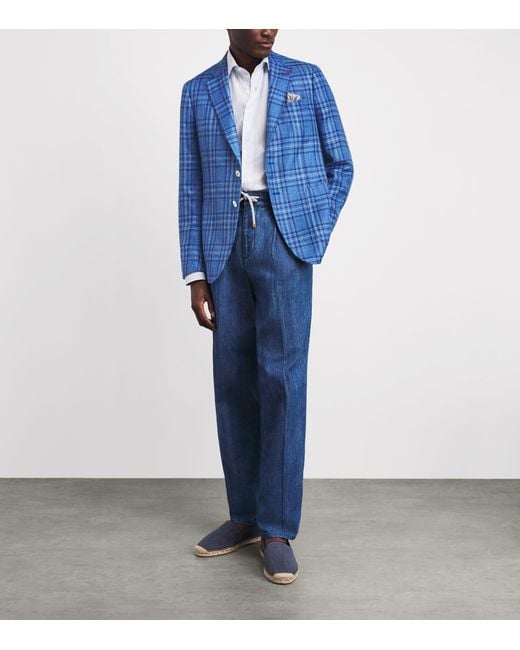 Isaia Blue Wool-Silk-Linen Check Blazer for men