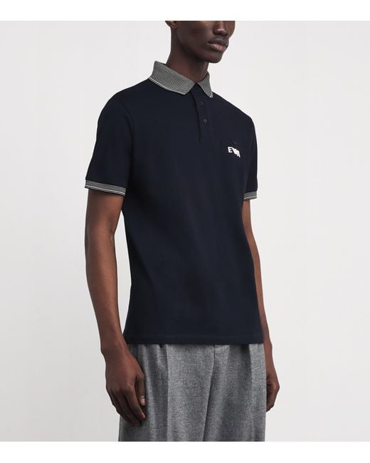 Emporio Armani Blue Cotton Piqué Stripe-Trim Polo Shirt for men