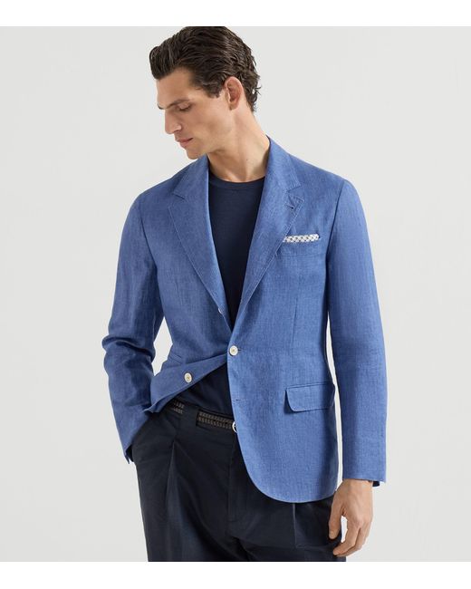 Brunello Cucinelli Blue Linen Single-Breasted Blazer for men