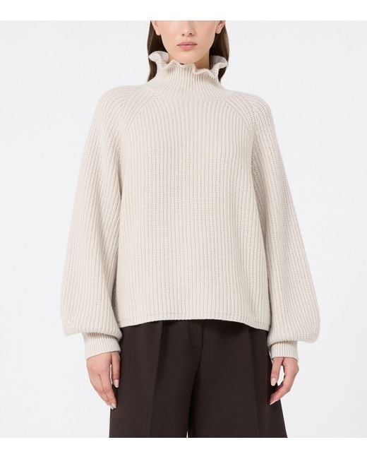 Max Mara White Wool-Cashmere Ruffle-Neck Sweater