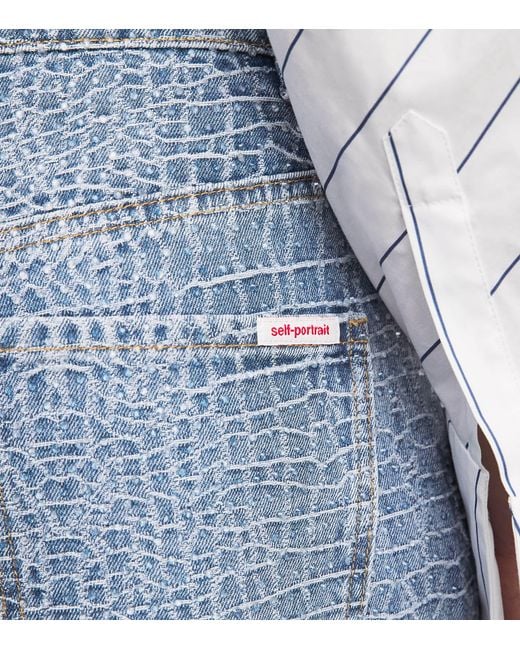 Self-Portrait Blue Croc-Effect Wide-Leg Jeans