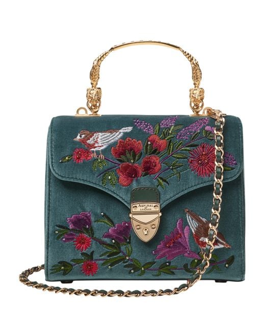 Aspinal Blue Midi Velvet Floral Embroidered Mayfair Bag