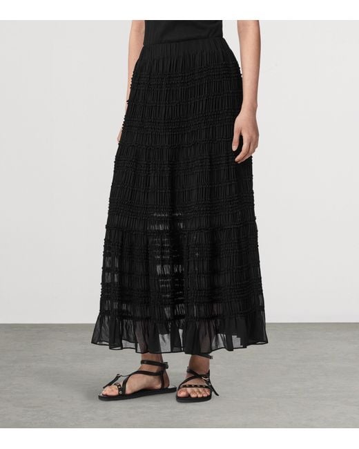 AllSaints Black Shirred Lotus Maxi Skirt