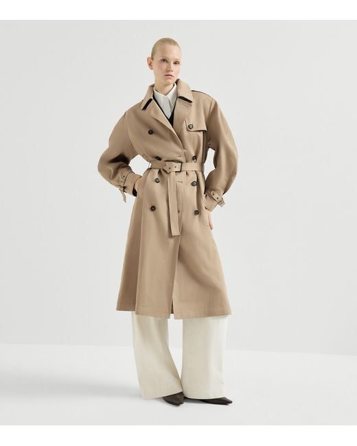 Brunello Cucinelli Natural Cotton-Linen Monili-Detail Trench Coat
