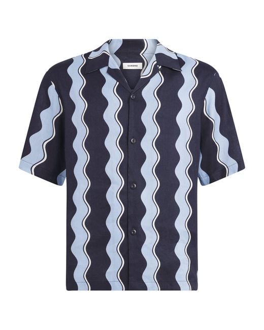 Sandro Blue Linen-Blend Waves Print Shirt for men