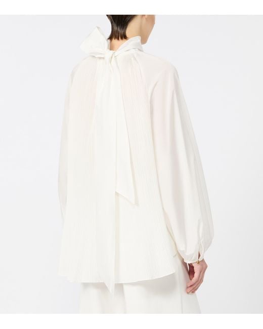 Max Mara White Pleated Pussybow Blouse