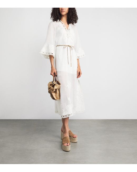 Zimmermann White Ramie Embroidered Indra Midi Dress