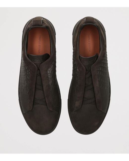 Zegna Black Crocodile Leather Triple Stitch Secondskin Sneakers for men