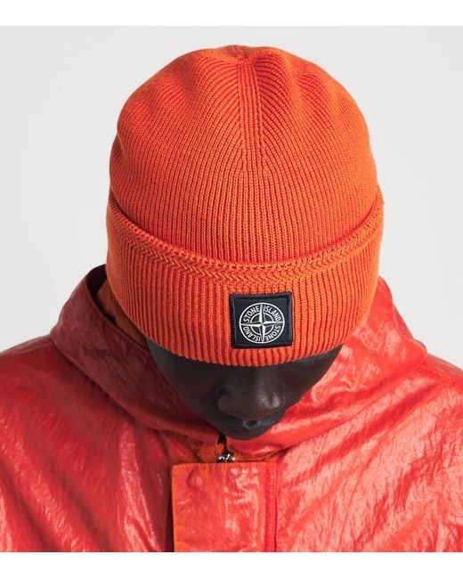 Stone Island Red Cotton Compass Patch Beanie for men