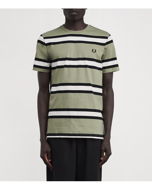 Fred Perry Green Cotton Stripe Laurel Wreath T-Shirt for men