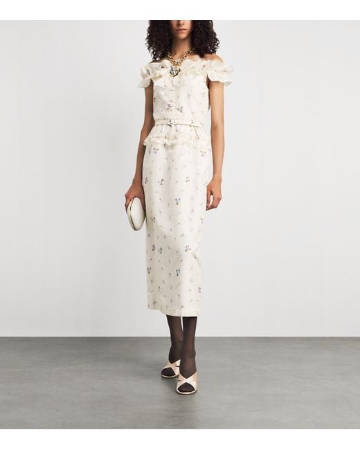 Alessandra Rich White Off-The-Shoulder Floral Midi Dress