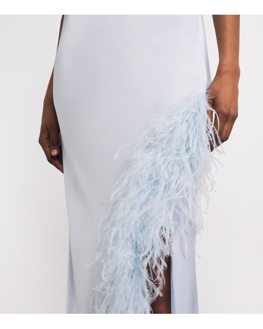 LAPOINTE White Satin Feather-Trim Halterneck Gown