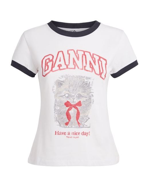 Ganni White Organic Cotton Margot Kitty T-Shirt