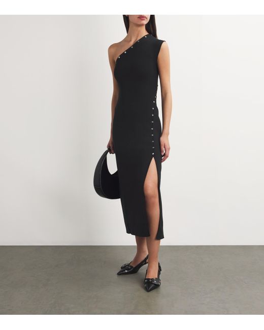 Maje Black Ribbed Press-Stud Midi Dress