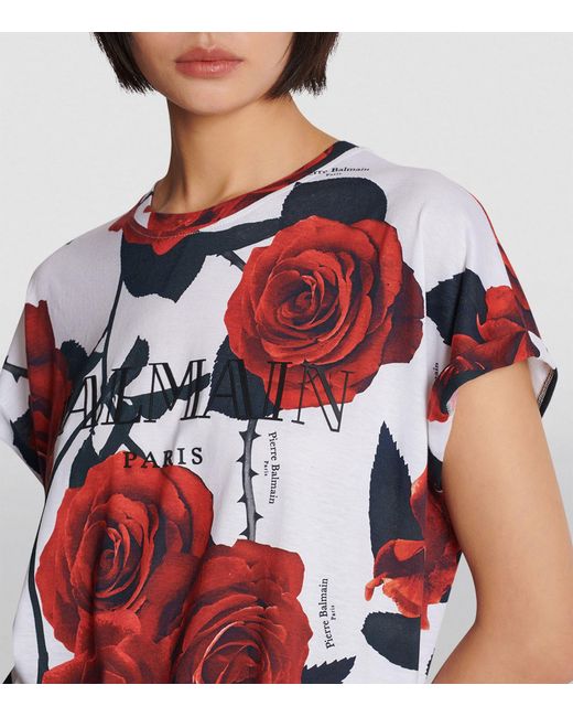 Balmain Red Roses Print T-shirt