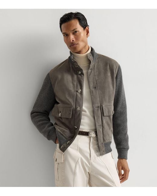 Brunello Cucinelli Gray Cotton-Suede Hybrid Bomber Jacket for men