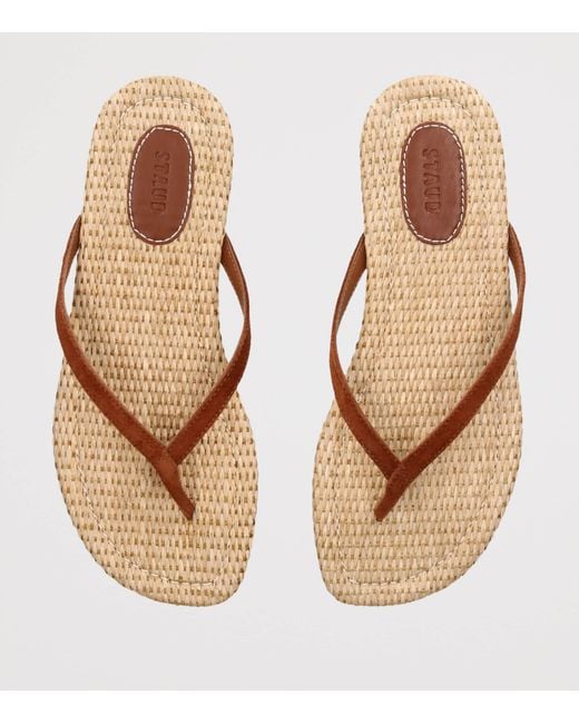 Staud Brown Suede-Raffia Freja Thong Flip Flops