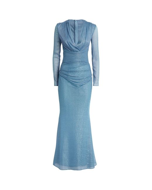 Talbot Runhof Blue Metallic Draped Maxi Dress