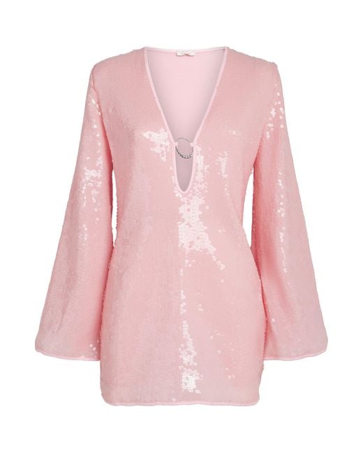 Oseree Pink Sequinned O-Ring Lumière Mini Kaftan Dress