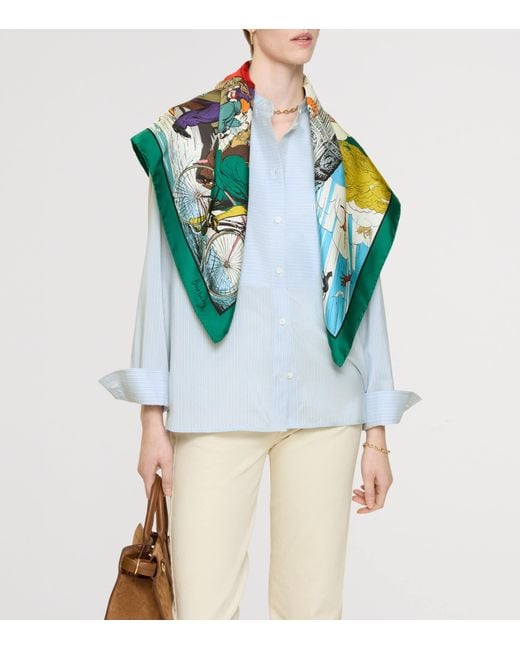 Burberry Green Silk Raining Cats And Dogs Scarf