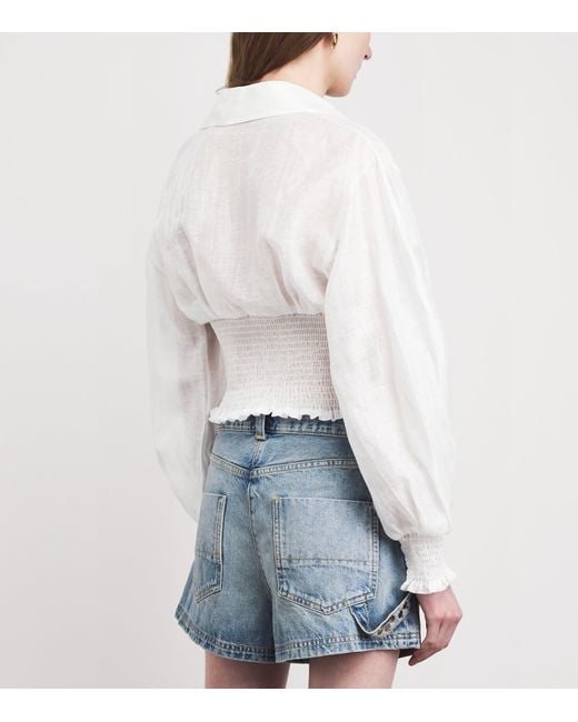 Sandro White Linen-Blend Smocked Shirt