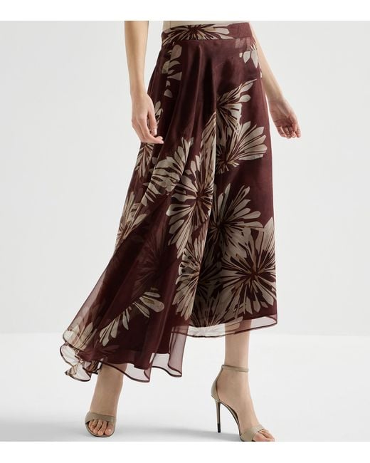 Brunello Cucinelli Brown Silk Floral Midi Skirt
