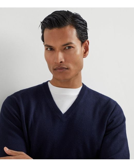 Brunello Cucinelli Blue Cashmere V-Neck Sweater for men