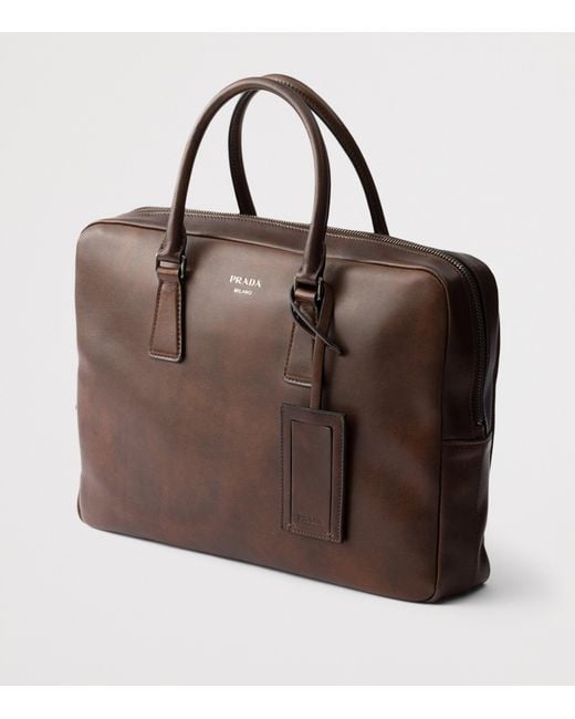 Prada Brown Leather Logo Briefcase for men