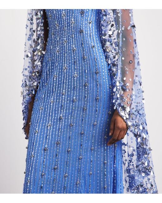 Jenny Packham Blue Embellished Blaize Cape Gown