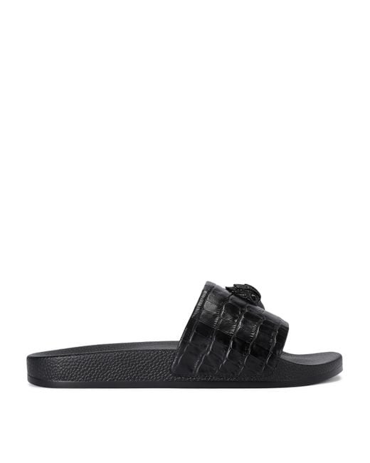 Kurt Geiger Black Leather Croc-Embossed Eagle Slides for men