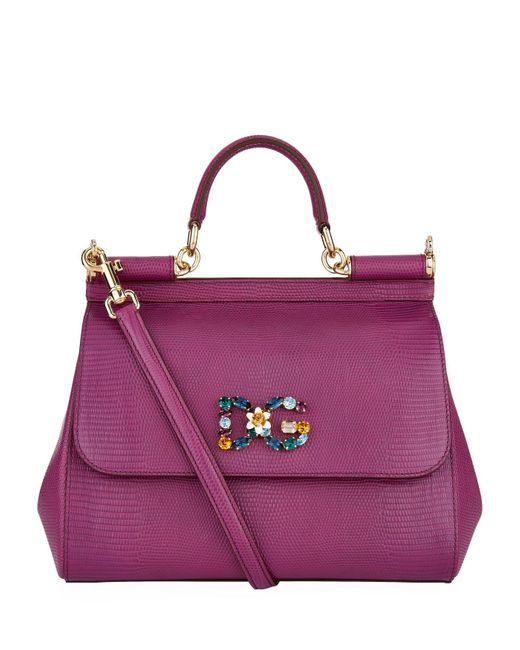 Dolce & Gabbana Purple Medium Calfskin Sicily Bag With Iguana Print And Dg Crystal Logo Patch