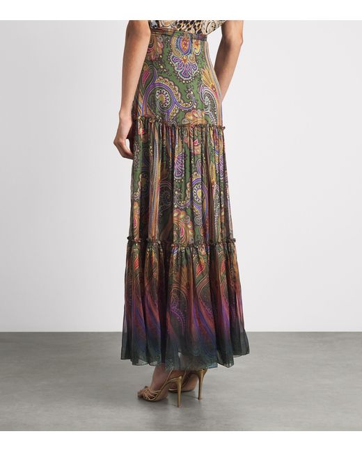 Etro Green Silk Paisley Tiered Maxi Skirt