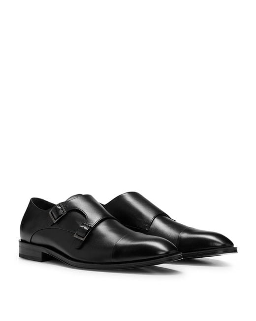 Boss Black Leather Derek Monkstrap Shoes for men