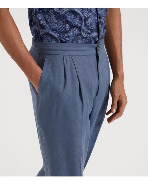 Brunello Cucinelli Blue Linen Pleated Slim Trousers for men