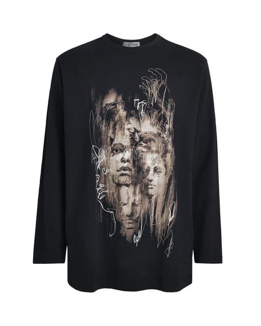Yohji Yamamoto Black Cotton Printed Long-Sleeve T-Shirt for men