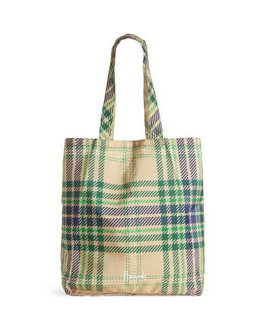 Harrods Green Tartan Logo Packable Shopper Bag