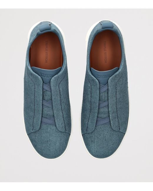 Zegna Blue Cotton-Linen Triple Stitch Sneakers for men
