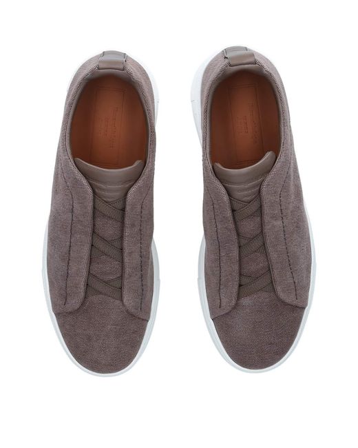 Zegna Brown Canvas Triple Stitch Sneakers for men