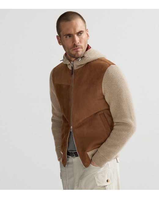 Brunello Cucinelli Brown Ribbed Suede-Panel Hooded Jacket for men
