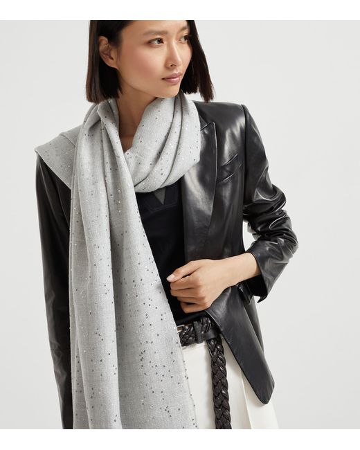 Brunello Cucinelli Gray Cashmere-Silk Diamond Yarn Sequin Scarf