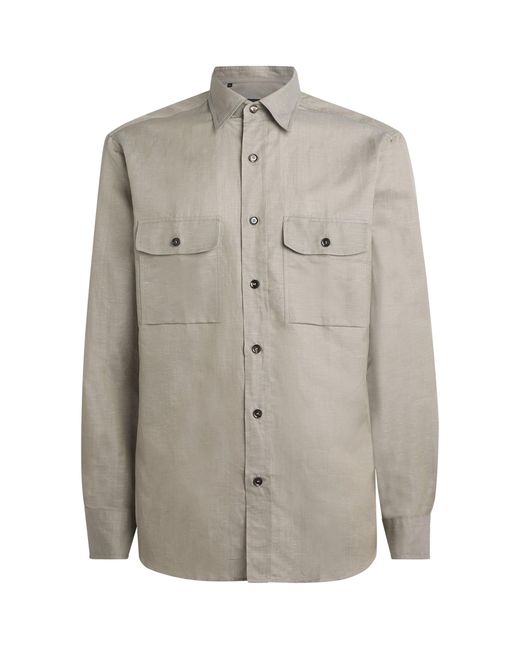Brioni Gray Cotton-Linen Twin-Pocket Shirt for men